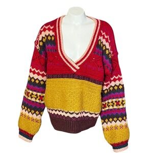 Sundance Geometric‎ Fair Isle V Neck Sweater Red Yellow Women's Size S